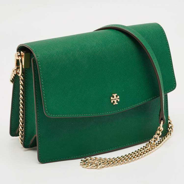 Pre Owned Tory Burch Green Leather Emerson Envelope Shoulder Bag
