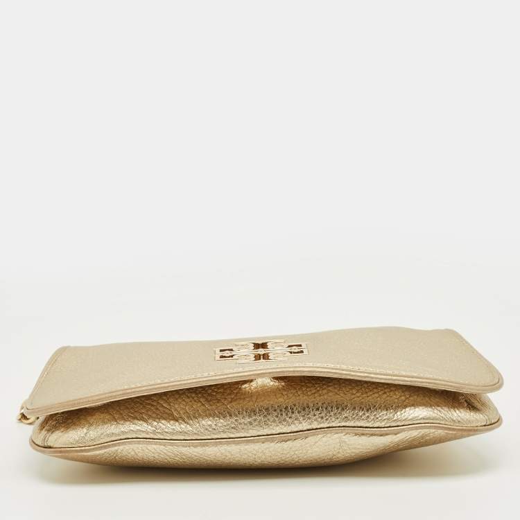 Pre Owned Tory Burch Gold Leather Britten Flap Crossbody Bag