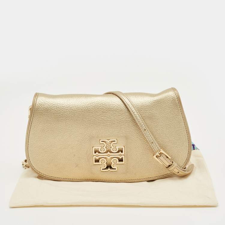 Pre Owned Tory Burch Gold Leather Britten Flap Crossbody Bag