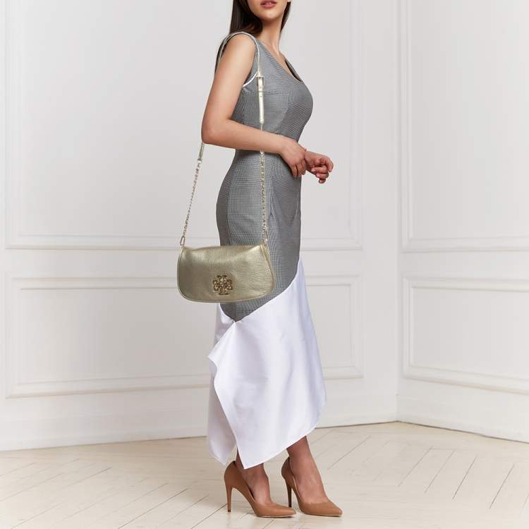 Pre Owned Tory Burch Gold Leather Britten Flap Crossbody Bag