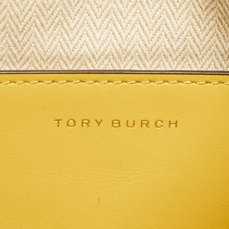 Pre Owned Tory Burch Yellow/Beige Leather and Raffia T Monogram Bucket Bag