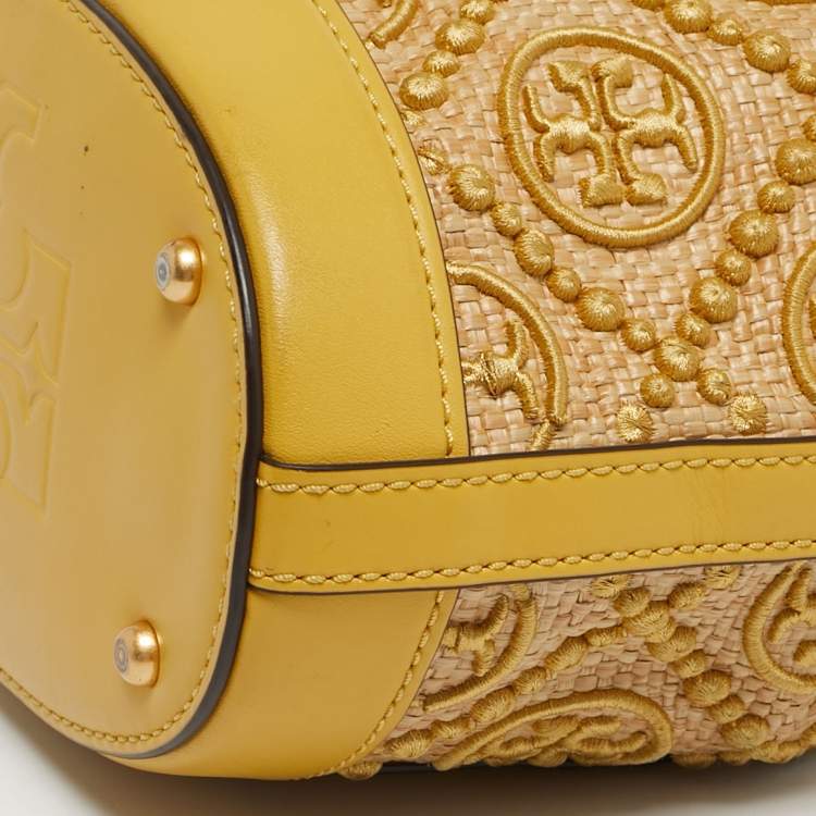 Pre Owned Tory Burch Yellow/Beige Leather and Raffia T Monogram Bucket Bag