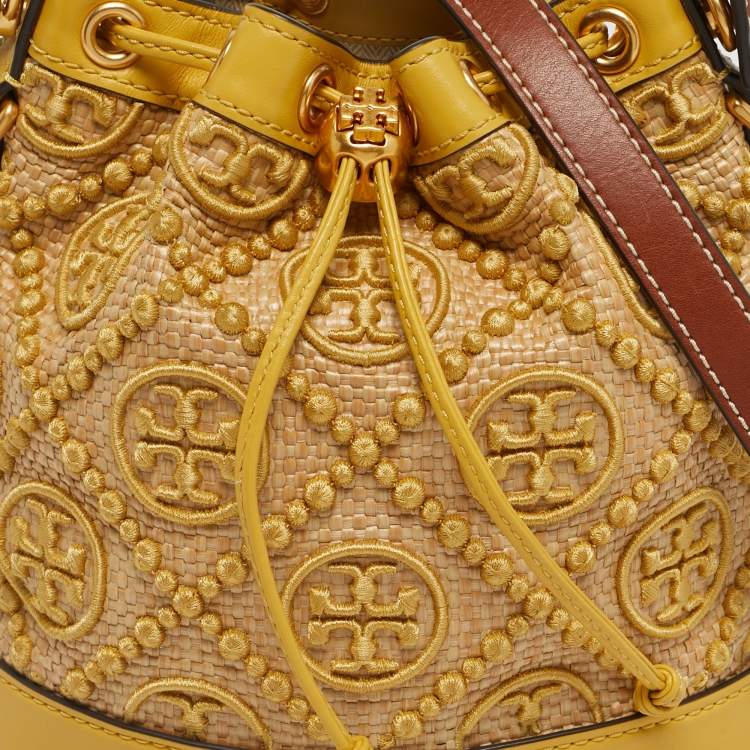 Pre Owned Tory Burch Yellow/Beige Leather and Raffia T Monogram Bucket Bag