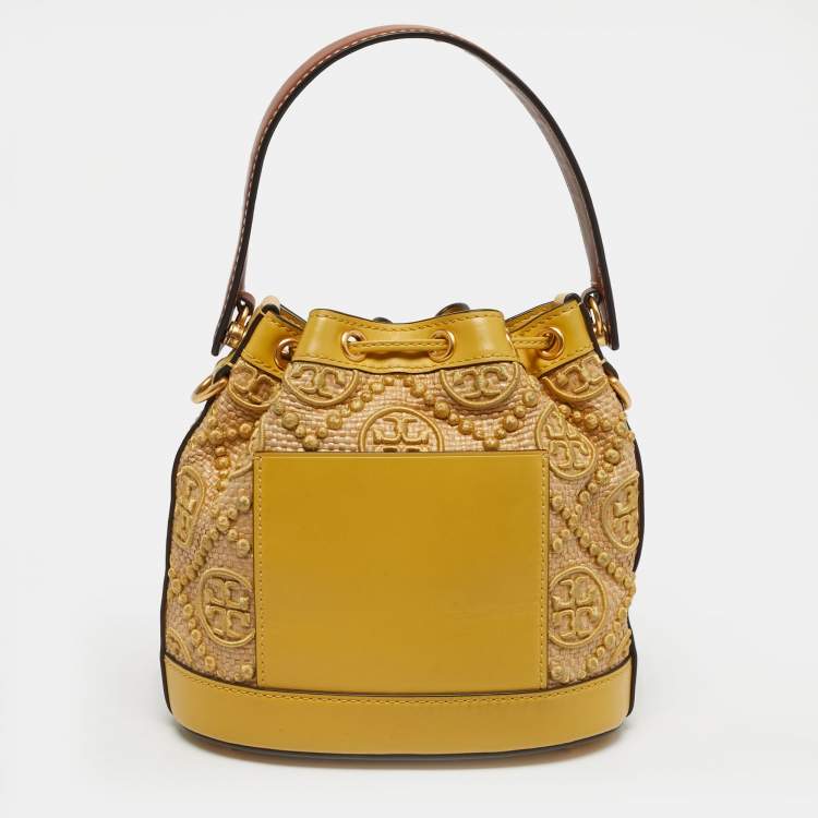 Pre Owned Tory Burch Yellow/Beige Leather and Raffia T Monogram Bucket Bag