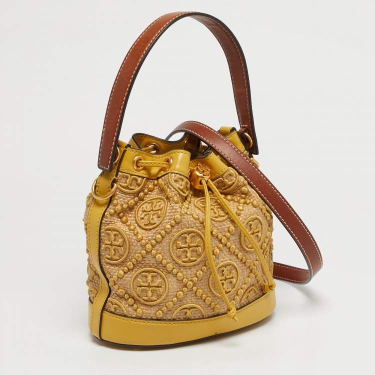 Pre Owned Tory Burch Yellow/Beige Leather and Raffia T Monogram Bucket Bag