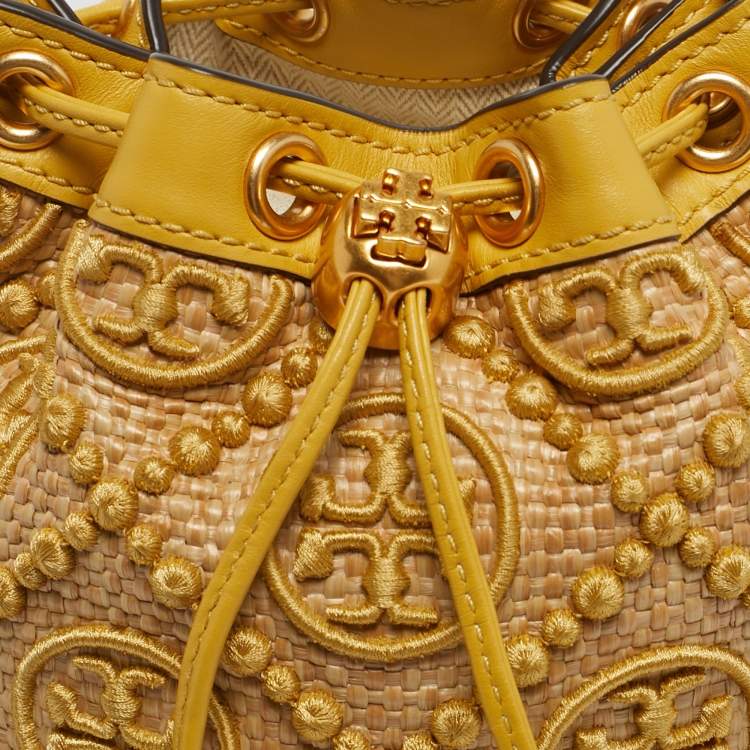 Pre Owned Tory Burch Yellow/Beige Leather and Raffia T Monogram Bucket Bag
