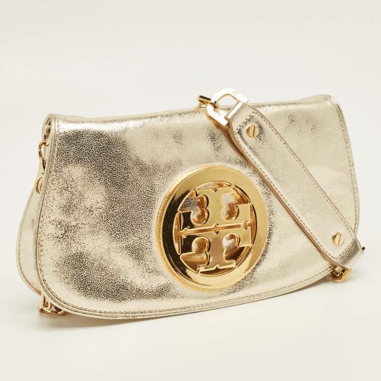 Pre Owned Tory Burch Gold Leather Reva Chain Clutch