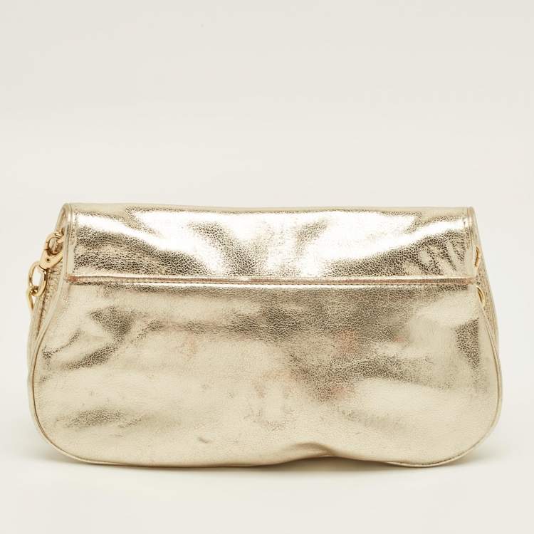 Pre Owned Tory Burch Gold Leather Reva Chain Clutch