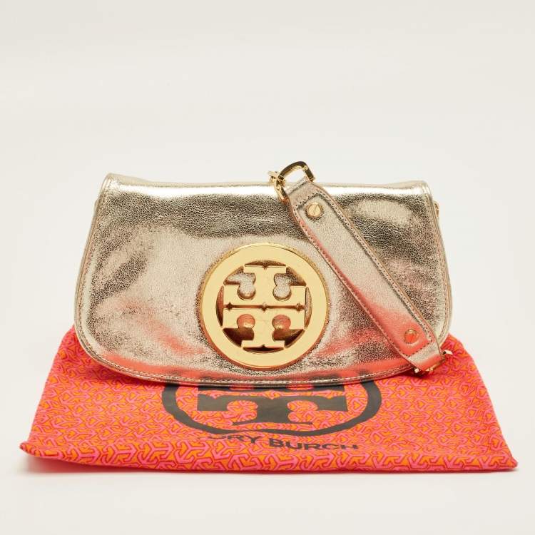 Pre Owned Tory Burch Gold Leather Reva Chain Clutch