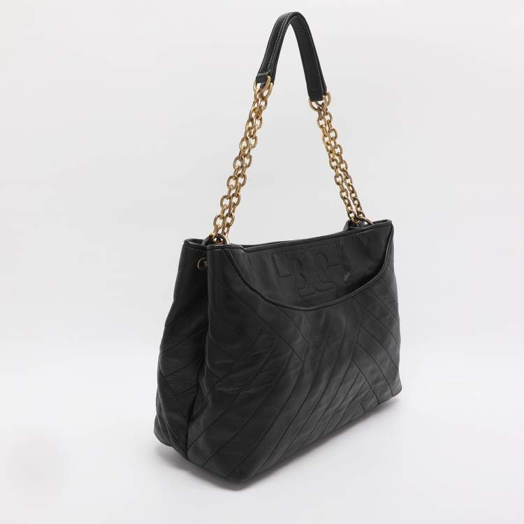 Pre Owned Tory Burch Black Quilted Leather Alexa Tote