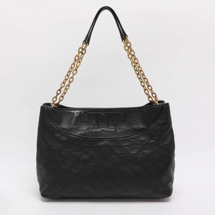 Pre Owned Tory Burch Black Quilted Leather Alexa Tote