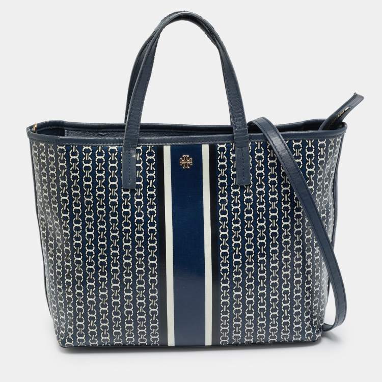 Pre Owned Tory Burch Gemini Link Blue Coated Canvas and Leather Top Zip Tote