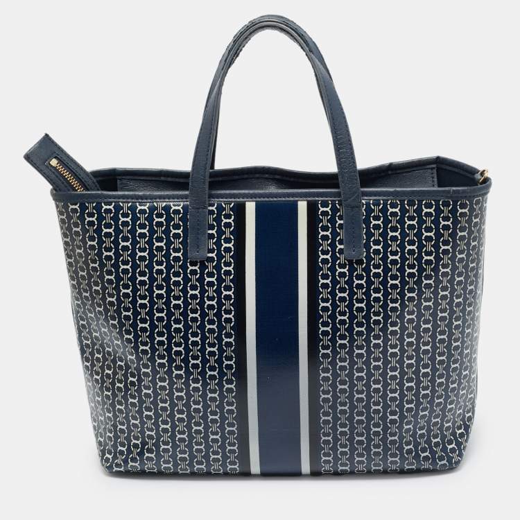 Pre Owned Tory Burch Gemini Link Blue Coated Canvas and Leather Top Zip Tote