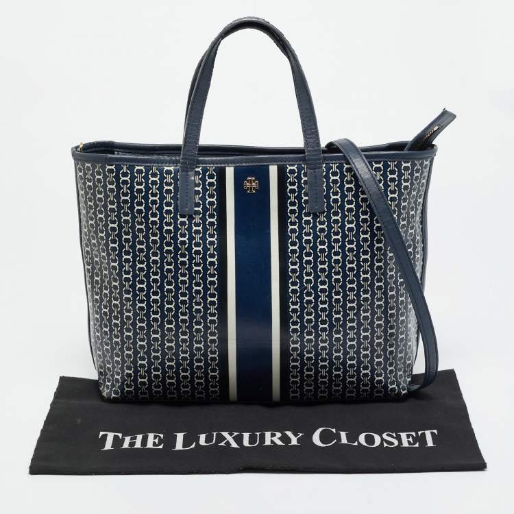 Pre Owned Tory Burch Gemini Link Blue Coated Canvas and Leather Top Zip Tote
