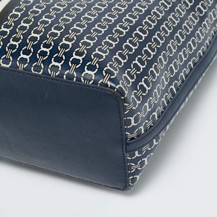 Pre Owned Tory Burch Gemini Link Blue Coated Canvas and Leather Top Zip Tote