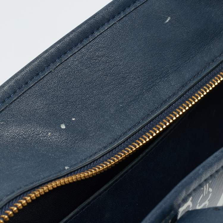 Pre Owned Tory Burch Gemini Link Blue Coated Canvas and Leather Top Zip Tote