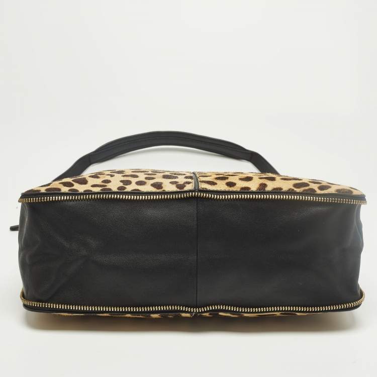 Pre Owned Tory Burch Brown/Black Leopard Print Calfhair and Leather Zip Around Shoulder Bag