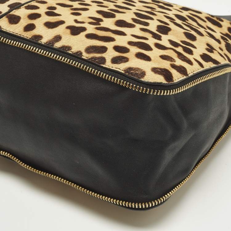 Pre Owned Tory Burch Brown/Black Leopard Print Calfhair and Leather Zip Around Shoulder Bag