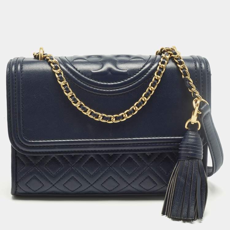 Pre Owned Tory Burch Fleming Small Navy Blue Leather Shoulder Bag