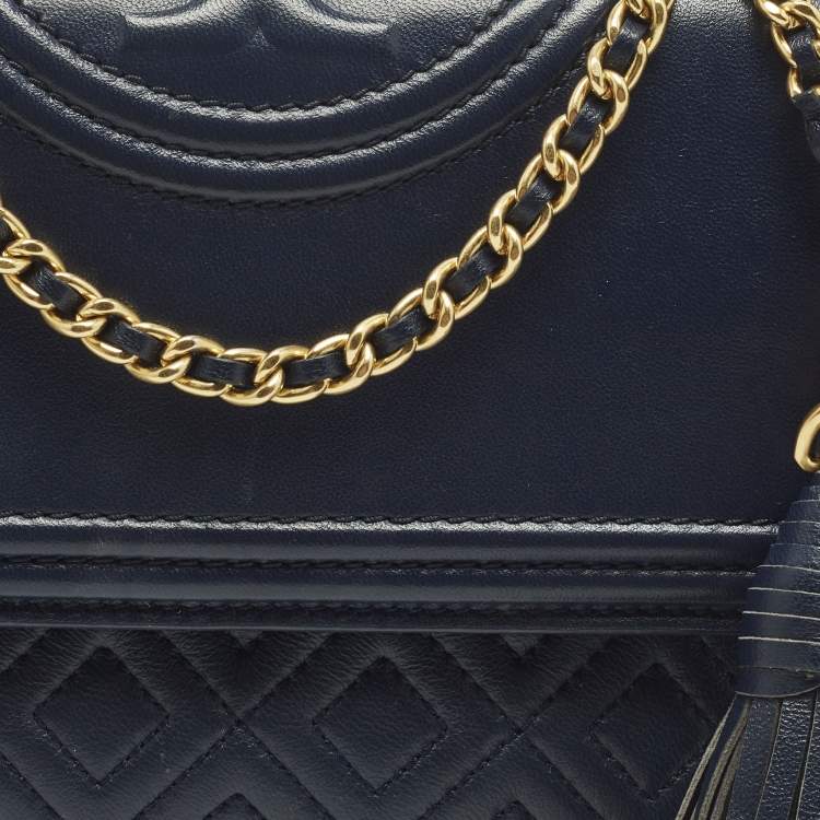 Pre Owned Tory Burch Fleming Small Navy Blue Leather Shoulder Bag