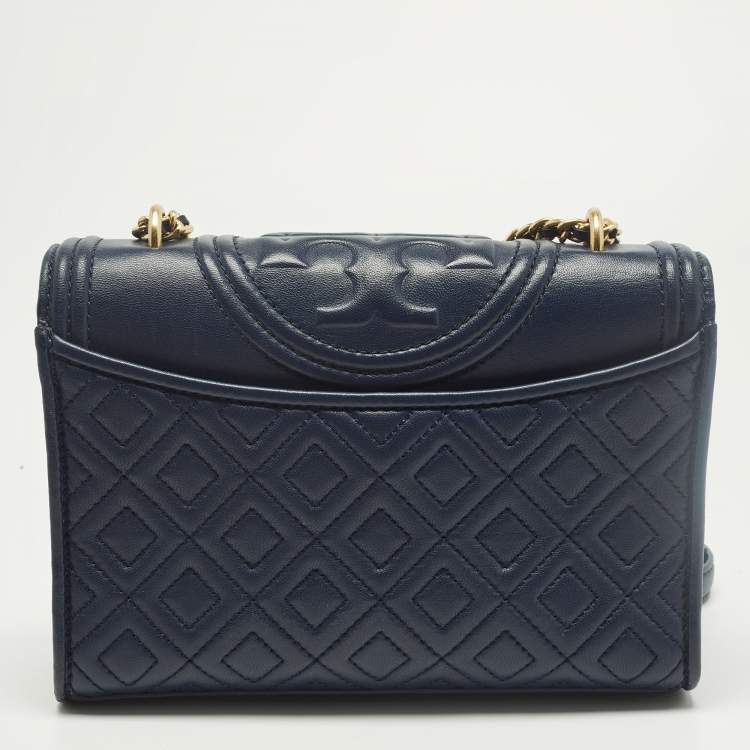 Pre Owned Tory Burch Fleming Small Navy Blue Leather Shoulder Bag