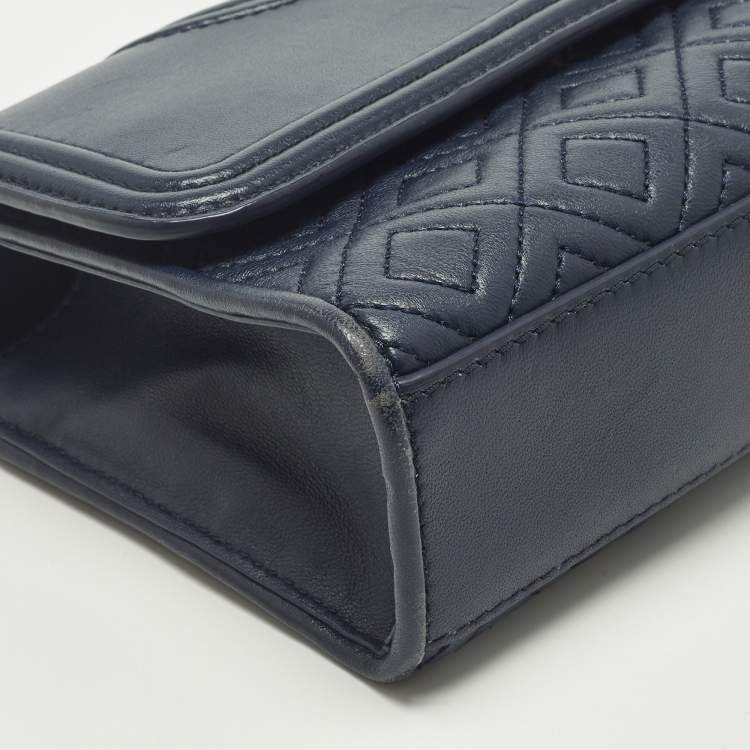 Pre Owned Tory Burch Fleming Small Navy Blue Leather Shoulder Bag