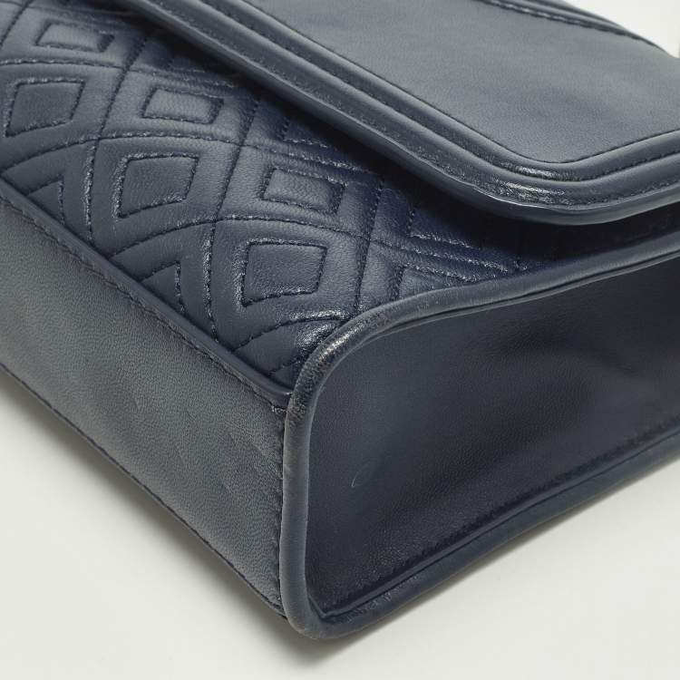 Pre Owned Tory Burch Fleming Small Navy Blue Leather Shoulder Bag