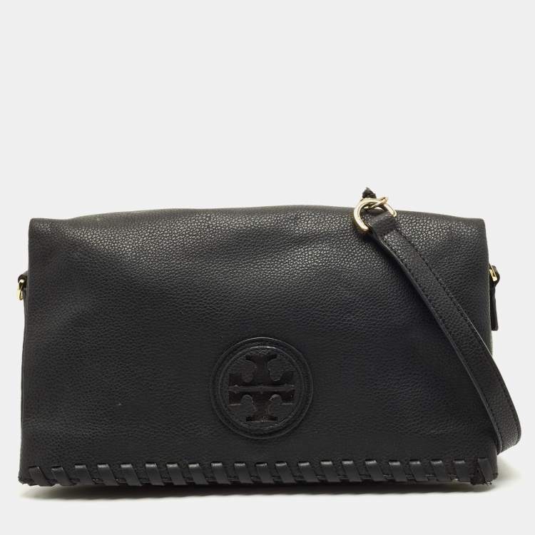 مملوكة مسبقًا Tory Burch Whipstitch Fold Over Black Leather Crossbody Bag