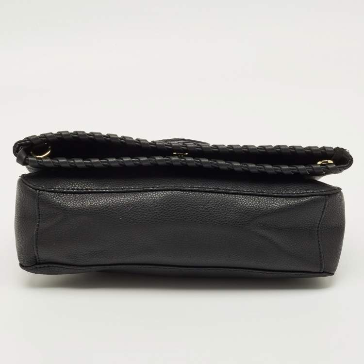 مملوكة مسبقًا Tory Burch Whipstitch Fold Over Black Leather Crossbody Bag