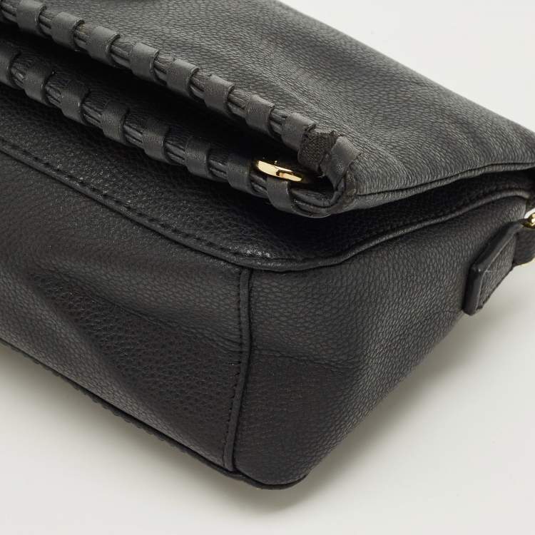 مملوكة مسبقًا Tory Burch Whipstitch Fold Over Black Leather Crossbody Bag