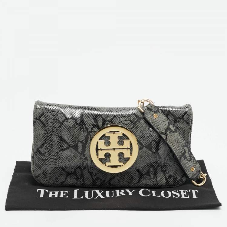 مملوكة مسبقًا Tory Burch Reva Flap Grey Python Print Suede Shoulder Bag