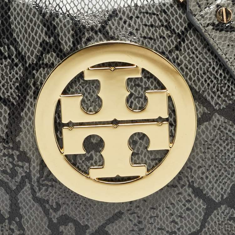 مملوكة مسبقًا Tory Burch Reva Flap Grey Python Print Suede Shoulder Bag