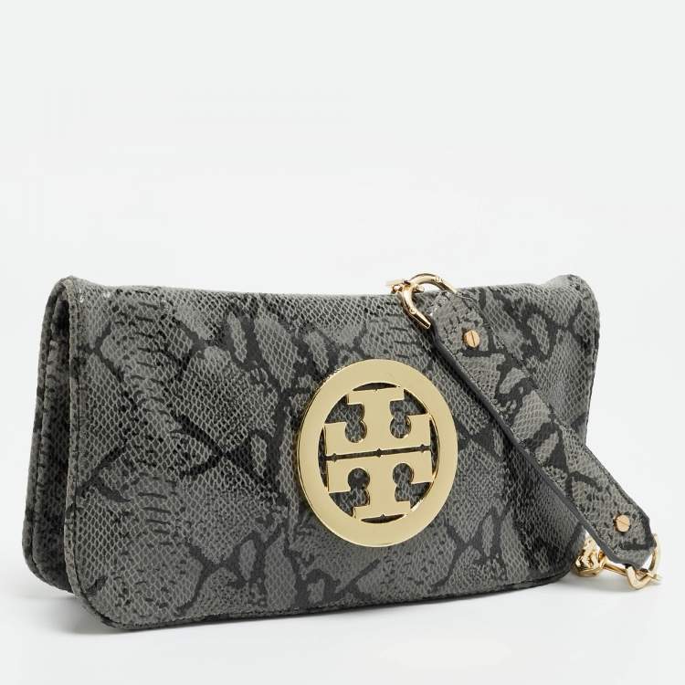 مملوكة مسبقًا Tory Burch Reva Flap Grey Python Print Suede Shoulder Bag