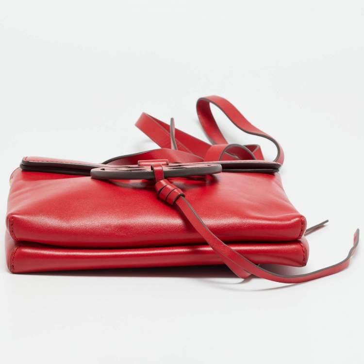 Pre Owned Tory Burch Miller Red Leather Logo Flap Crossbody Bag