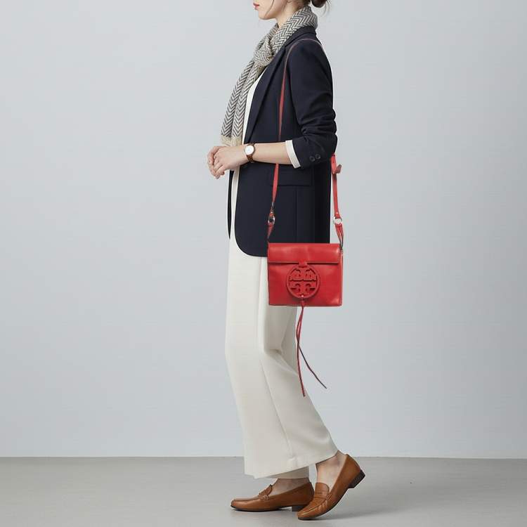 Pre Owned Tory Burch Miller Red Leather Logo Flap Crossbody Bag