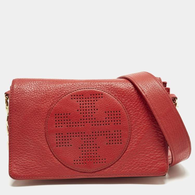 Pre Owned Tory Burch Perforated Logo Flap Red Leather Crossbody Bag