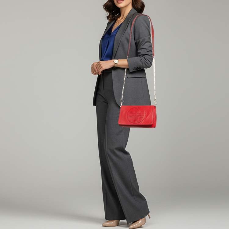 Pre Owned Tory Burch Perforated Logo Flap Red Leather Crossbody Bag