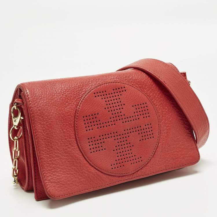 Pre Owned Tory Burch Perforated Logo Flap Red Leather Crossbody Bag