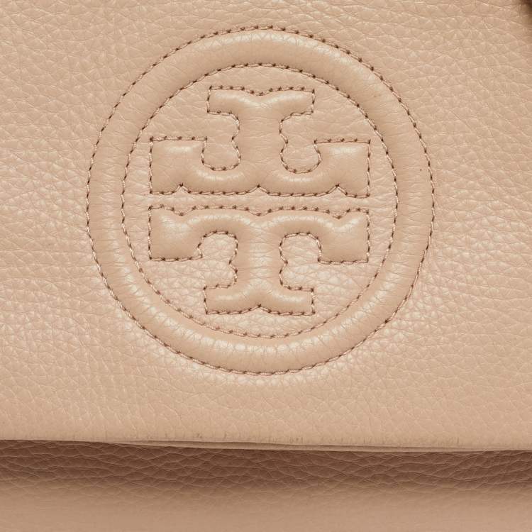 Pre Owned Tory Burch Thea Fold Over Beige Leather Crossbody Bag