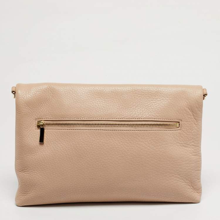 Pre Owned Tory Burch Thea Fold Over Beige Leather Crossbody Bag