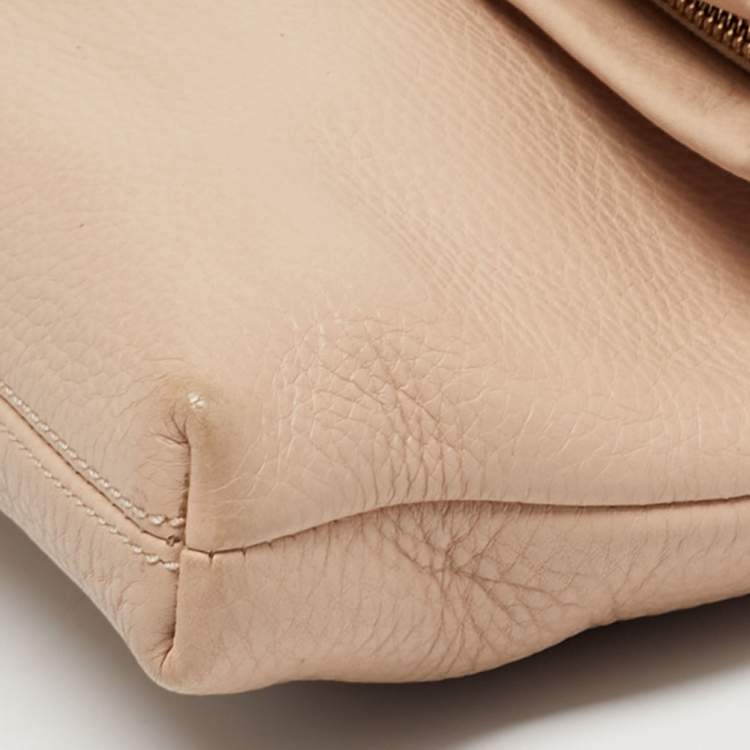 Pre Owned Tory Burch Thea Fold Over Beige Leather Crossbody Bag