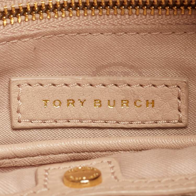 Pre Owned Tory Burch Thea Fold Over Beige Leather Crossbody Bag