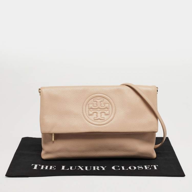 Pre Owned Tory Burch Thea Fold Over Beige Leather Crossbody Bag
