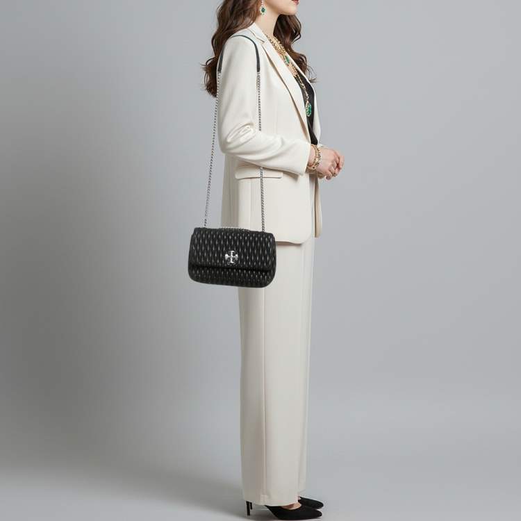 Pre Owned Tory Burch Kira Ruched Small Black Leather Crossbody Bag