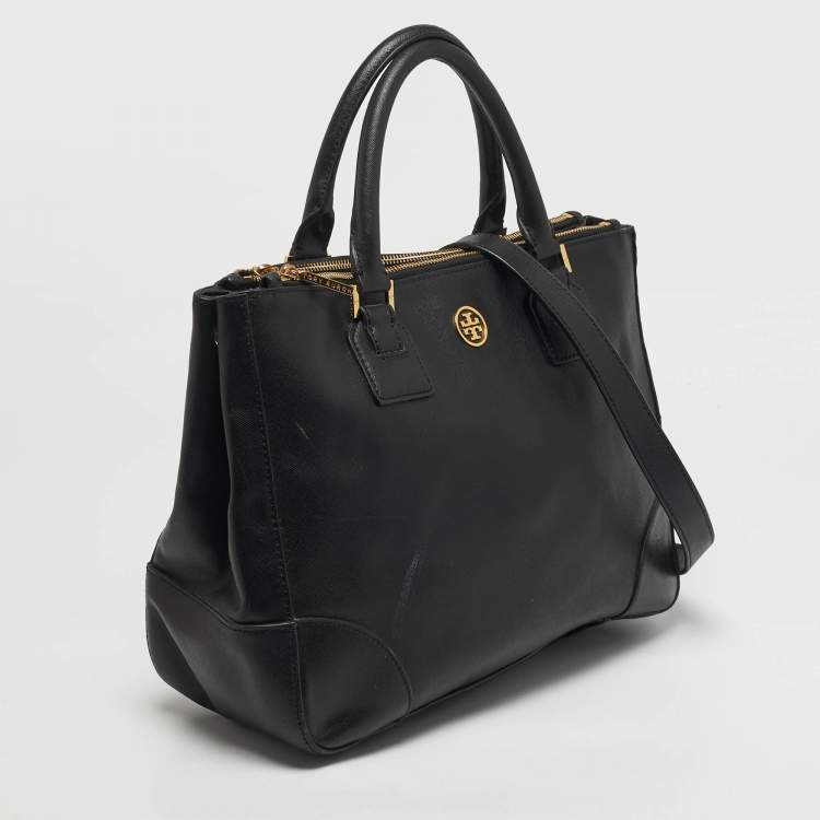 Pre Owned Tory Burch Robinson Double Zip Large Black Leather Tote