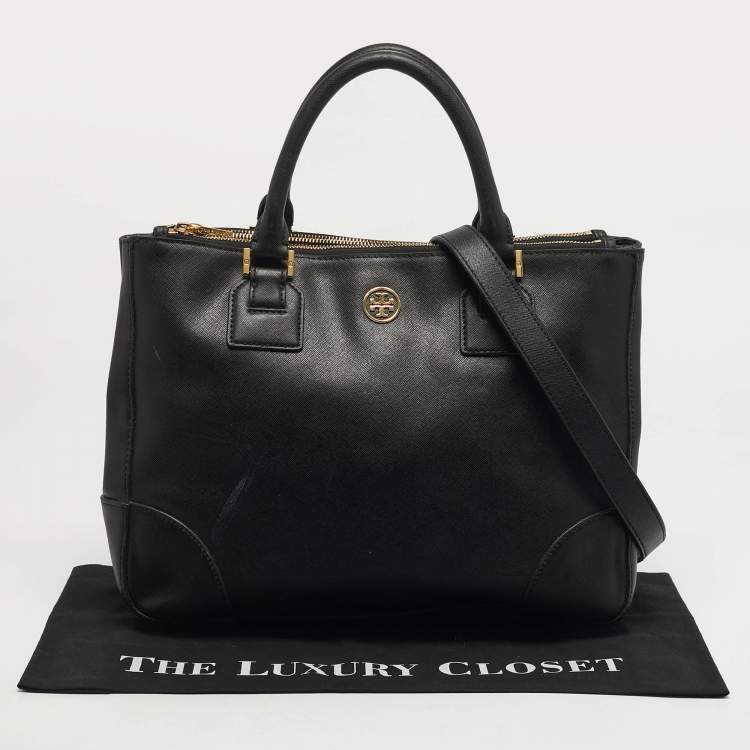 Pre Owned Tory Burch Robinson Double Zip Large Black Leather Tote