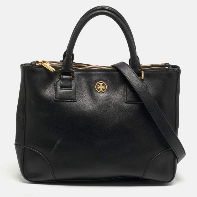 Pre Owned Tory Burch Robinson Double Zip Large Black Leather Tote