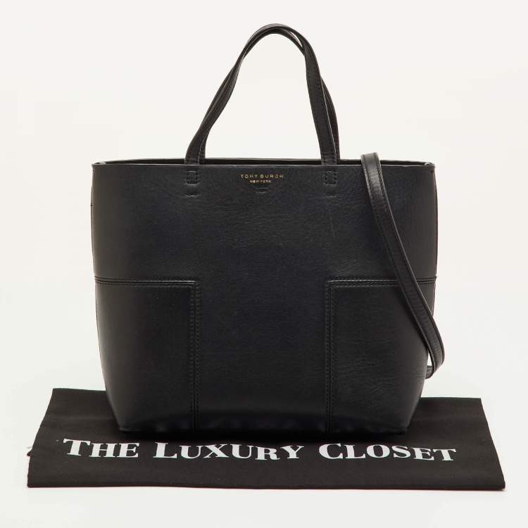Pre Owned Tory Burch Block-T Black Leather Shopper Tote