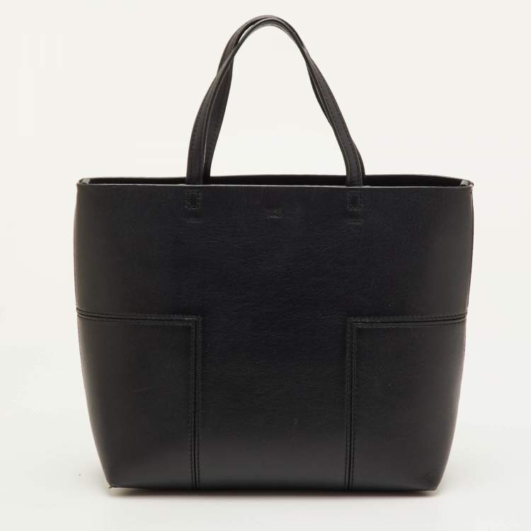 Pre Owned Tory Burch Block-T Black Leather Shopper Tote