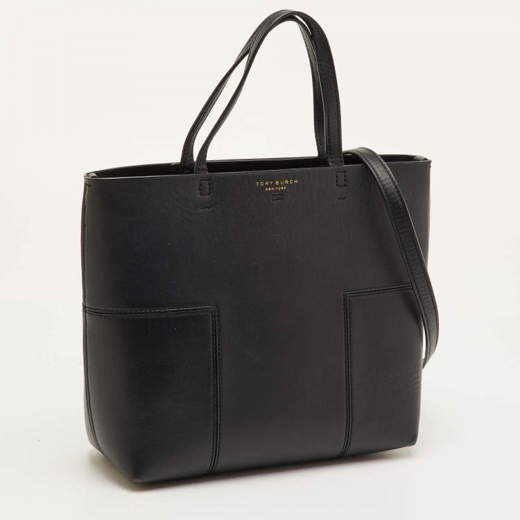 Pre Owned Tory Burch Block-T Black Leather Shopper Tote